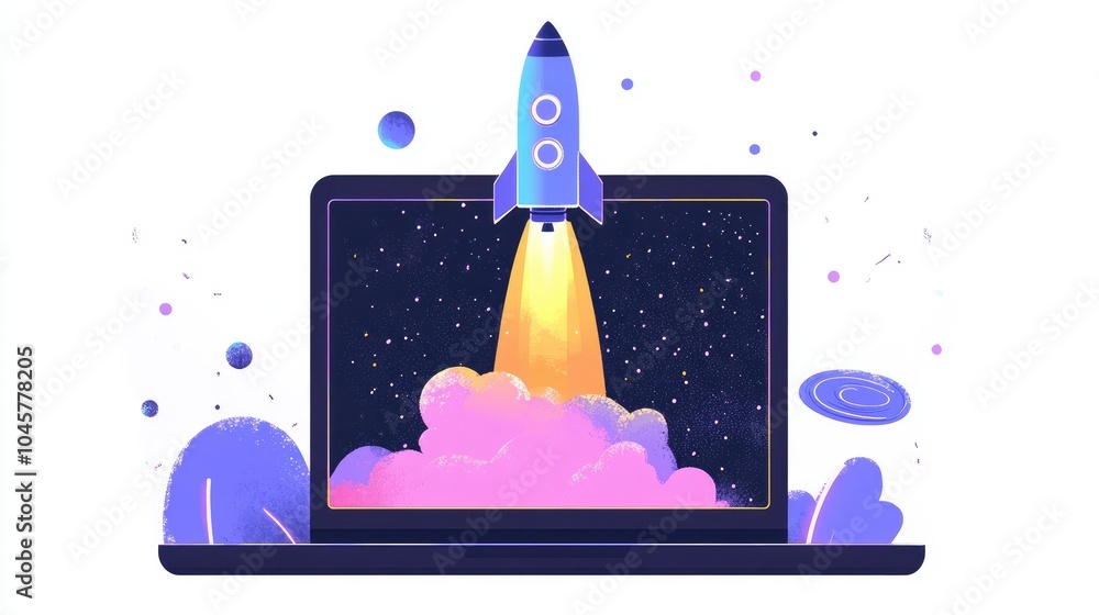 Aufkleber a space rocket blasting off from a laptop screen, symbolizing the launch of new ideas powered by gen