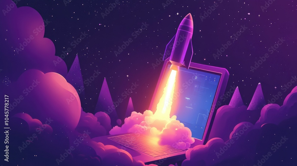 Aufkleber a space rocket blasting off from a laptop screen, symbolizing the launch of new ideas powered by gen