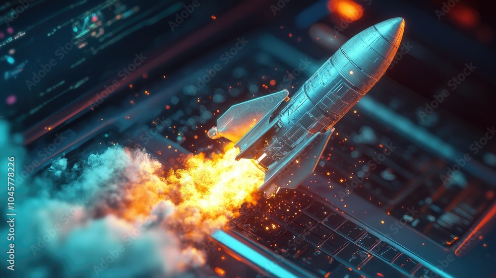 Aufkleber a space rocket bursting out of a laptop, visualizing the energy and creativity behind generative ai 