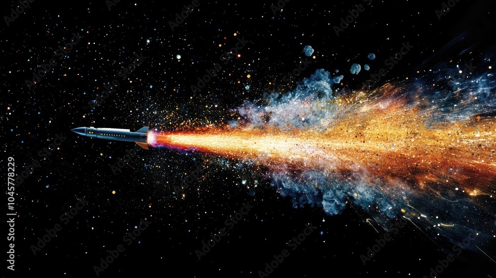 Poster a space rocket bursting out of a laptop, visualizing the energy and creativity behind generative ai 