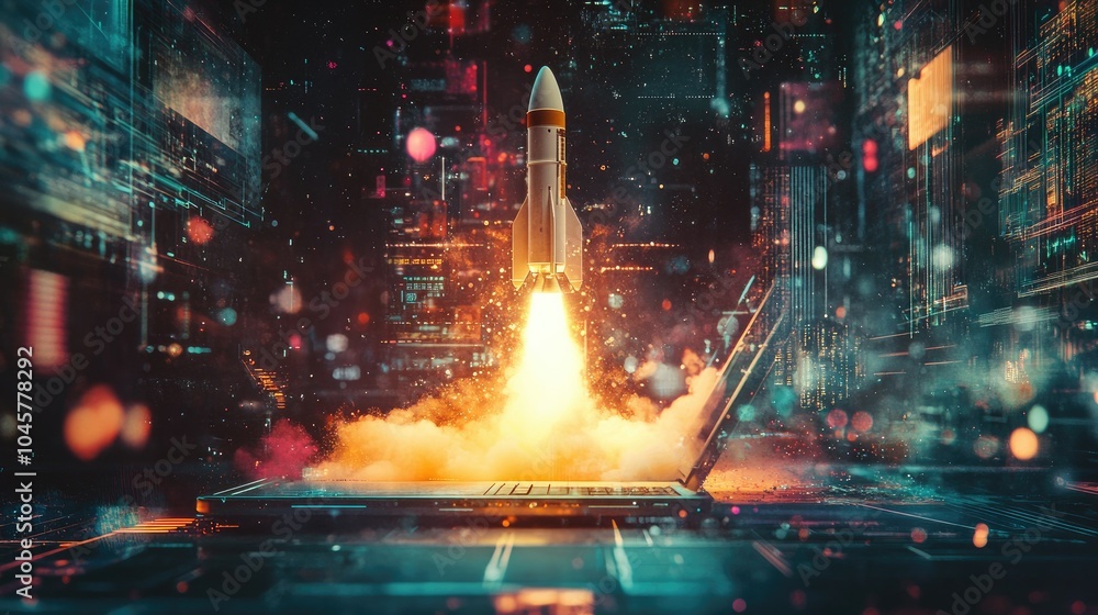 Aufkleber a space rocket bursting out of a laptop, visualizing the energy and creativity behind generative ai 