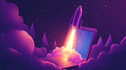 A space rocket blasting off from a laptop screen, symbolizing the launch of new ideas powered by generative AI and tech advancements