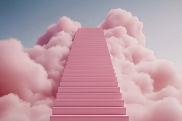 A Dreamlike Ascent Climbing Pink Stairs Through Fluffy Clouds to the Sky