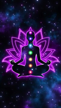 meditation woman pose in the space with lotus animation, neon glowing chakra lights and shiny stars, relaxing spiritual vertical social media motion background