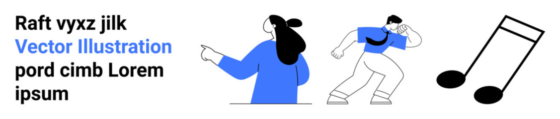 Two characters in dynamic poses appear to be dancing alongside a prominent musical note. Ideal for creativity, music, dance, modern design, youthful energy. Banner for landing page