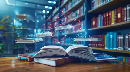 Books levitating above an open book in a futuristic digital library