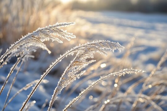 Frosty Grass Blades in Winter Sunlight