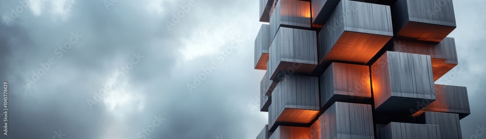 Poster a towering structure of illuminated blocks against a moody, cloudy sky, showcasing a blend of modern