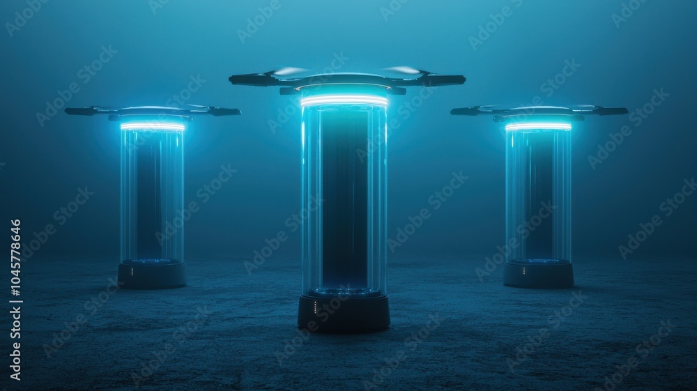 Poster three illuminated columns are submerged underwater, creating a mysterious and futuristic atmosphere 