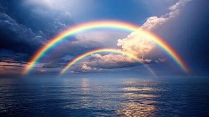 A stunning double rainbow stretching across the horizon after a rainstorm, against a backdrop of dark clouds giving way to blue skies