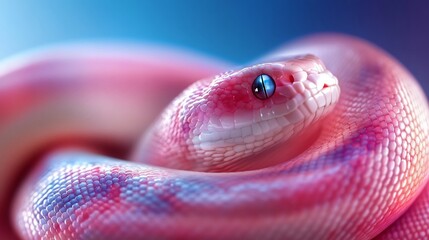 A close-up of a pink snake with blue eyes, coiled up against a blue background.