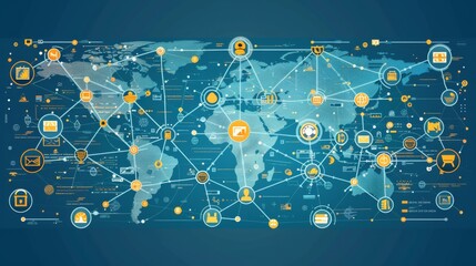 Global digital network with interconnected icons and data points on a world map