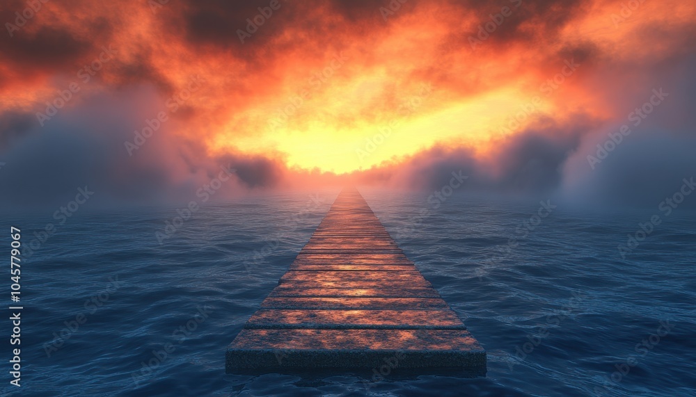 Poster sunset view over a tranquil lake dock extending into vibrant clouds and water