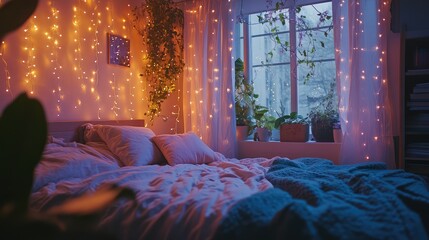 A cozy bedroom with neon fairy lights draped across the walls, giving a soft, dreamy, and vibrant feel