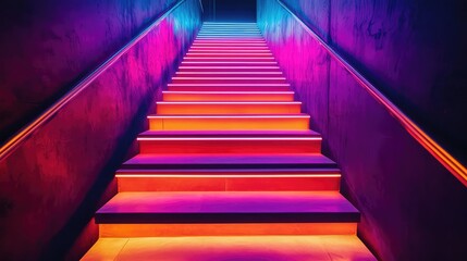 Fototapeta premium A dramatic shot of a neon-lit staircase, with glowing lights guiding the way down in vibrant colors against a dark setting