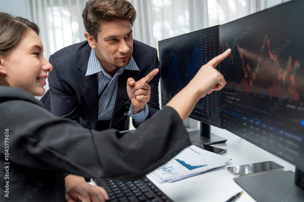 Aufkleber two business traders discussing on dynamic stock market in currency rate investment trading on two p