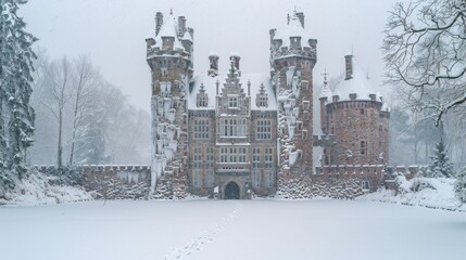 Frozen medieval castle in winter with large icicles and snow-covered grounds