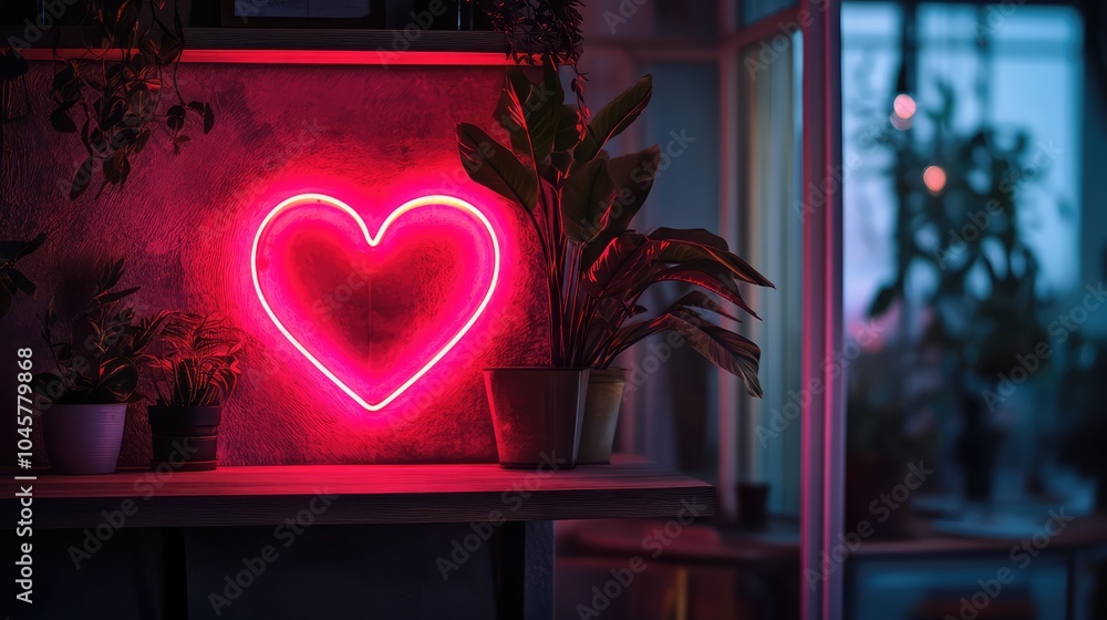 Fototapete a glowing neon heart sign in a dimly lit room, casting soft pink and red light, creating a romantic 