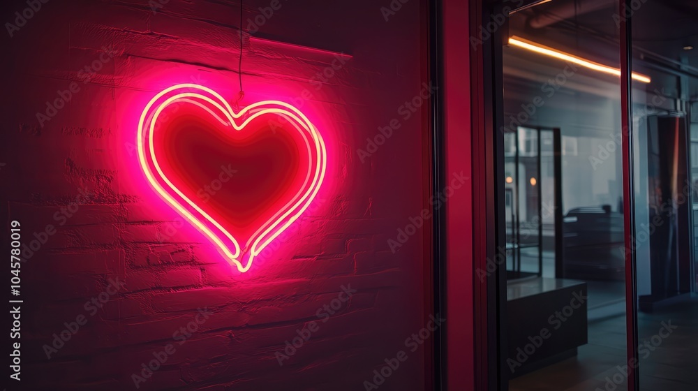 Fototapete a glowing neon heart sign in a dimly lit room, casting soft pink and red light, creating a romantic 