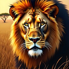 Wild African lion in the savanna Digital art