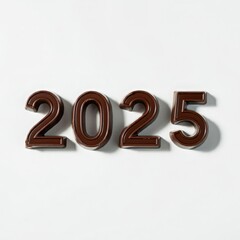 2025 number crafted from rich dark chocolate on a clean white background, perfect for confectionery marketing, New Year themed creative designs, and dessert typography.