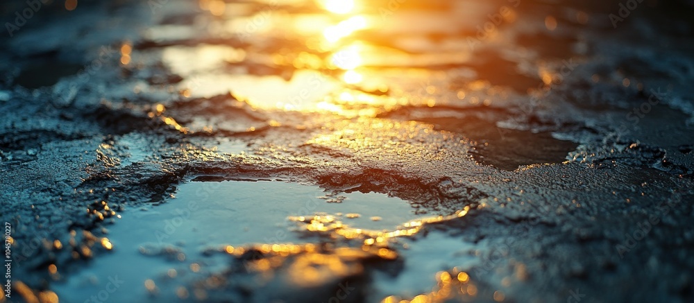 Poster a close-up of a wet surface reflecting sunlight, creating a serene and atmospheric effect.