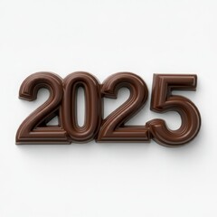 2025 number crafted from rich dark chocolate on a clean white background, perfect for confectionery marketing, New Year themed creative designs, and dessert typography.