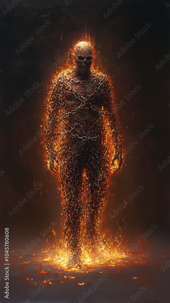 Poster ethereal figure enveloped in flames and chains symbolizing transformation and resilience