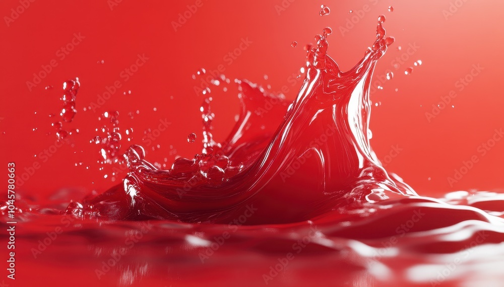 Poster red droplet splashes dynamically on a smooth surface in bright light