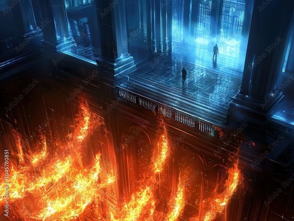 Poster a mysterious encounter shadows and flames in a surreal architectural space