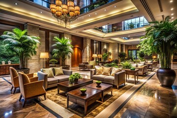 Fototapeta premium Luxurious Hotel Lobby Interior with High Ceilings and Warm Lighting