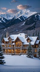 Fototapeta premium A luxurious and dreamy mansion in classic French style in Aspen, Colorado, with a stunning snowy landscape