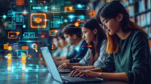 Focused young students coding on laptops with digital interface graphics in the background