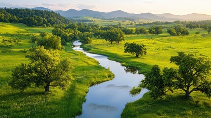 Fototapeta premium Serene River Winding Through Lush Green Valleys and Majestic Mountains in Nature's Embrace