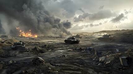 Amidst thick smoke and flames, military tanks maneuver through a devastated area, showcasing the chaos and destruction of battle as the sun sets.