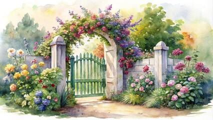 Fototapeta premium Watercolor painting of garden gate with flowers in bloom