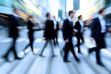 Many business people crossing the street in Singapore, motion blur city background, high resolution, white and black attire, bright colors, daylight, business suits Generative AI