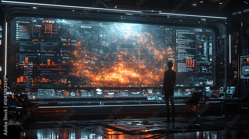 Poster a person stands in a high-tech control room, gazing at a massive holographic display filled with int
