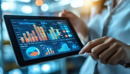 Analyzing warehouse inventory data on a tablet in a modern facility