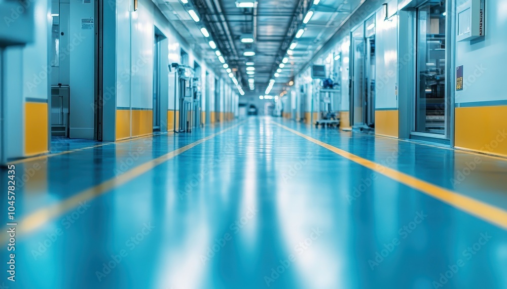 Poster modern metallic assembly line surface in a factory with a blurred perspective