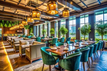 Luxury Empty Restaurant Interior with Natural Light and Modern Decor for Stunning Drone Photography
