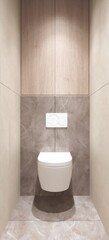 Modern interior design of a toilet with a wall-hung toilet and installation. White button for installation