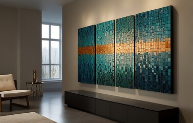 set of three abstract wall art panels. acrylic painting style creating a striking visual statement for modern decor