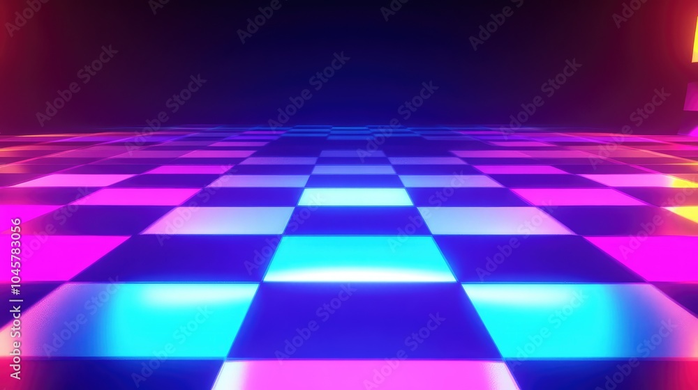 Poster a vibrant neon checkerboard pattern with glowing squares alternating in bright colors, creating an e