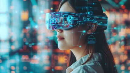 Woman Using Futuristic VR Headset with Holographic Digital Interface