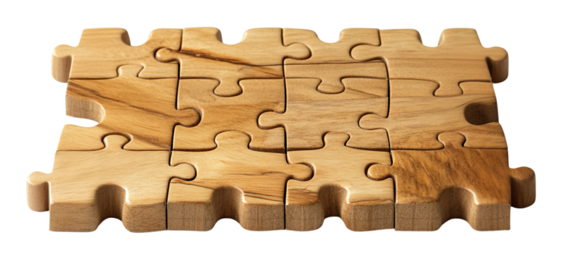 Wooden puzzle pieces connected together, isolated on transparent cutout background