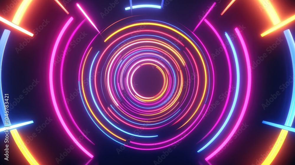 Poster a vibrant neon circle pattern radiating outward, with colorful lines and shapes creating a mesmerizi