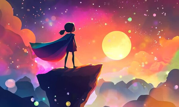 hero girl with cape stand on a cliff on colorful sky background