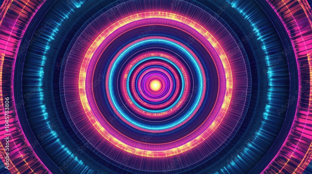 Poster a vibrant neon circle pattern radiating outward, with colorful lines and shapes creating a mesmerizi