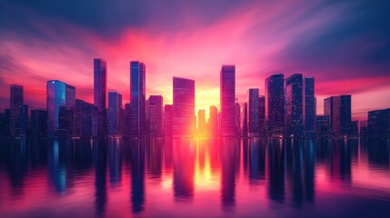 Fototapeta premium A vibrant neon sunset over a city skyline, with glowing colors blending in the sky and reflecting off glass buildings